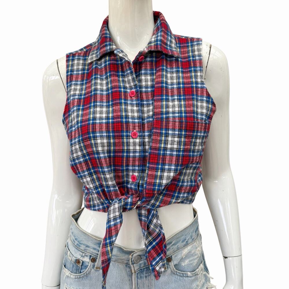 Vintage 90’s Cotton Flannel Sleeveless Cropped Tie Front Top, M
